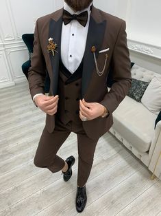 Bojoni Perris Brown Slim Fit Tuxedo | BOJONI Brown Prom Suits For Men, Brown 3 Piece Suit Men, Light Brown Groom Suit, Light Brown Tuxedo Wedding, Light Brown Suit Men, 3piece Suit Men, Pant Coat For Men, Coat Pant For Men Suits Wedding, Brown Tux