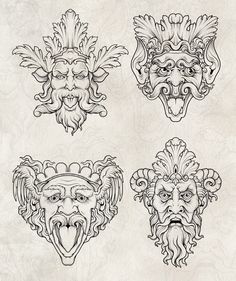 four masks with different designs on them, all drawn in one line and then colored