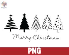 christmas trees with the words merry christmas png in black and white on a red background