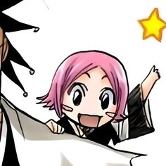 two anime characters one with pink hair and the other wearing black, are holding each other's arms