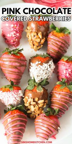 chocolate covered strawberries are arranged on a white plate