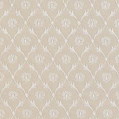 an upholstered wallpaper with white flowers and leaves on beige background, closeup