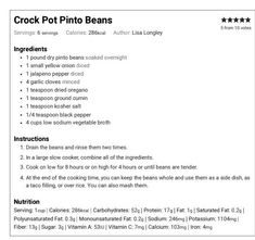 the recipe for crock pot pinto beans is shown in this image, with instructions on how to make it