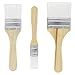 three paint brushes with white bristles and wooden handles, all in different positions on a white background