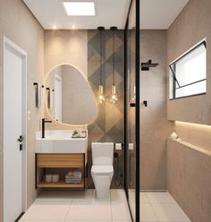 a bathroom with a toilet, sink and mirror in it's center wall area