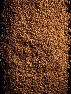 grains are arranged in the shape of a rectangle on a wooden surface, top view