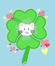 a cat sitting on top of a green clover with hearts around it's eyes