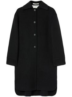 black virgin wool classic collar long sleeves front button fastening Elegant Black Wool Sweater Coat, Black Long Wool Coat With Concealed Fastening, Black Wool Long Coat With Concealed Front, Classic Black Structured Outerwear, Black Wool Long Sweater Coat, Timeless Black Long Sleeve Outerwear, Classic Black Wool Coat With Concealed Fastening, Classic Long Wool Coat With Concealed Fastening, Black Wool Coat With Button Cuffs For Formal Occasions