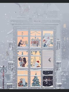 an illustration of people looking out the window at snow falling and birds flying in the sky