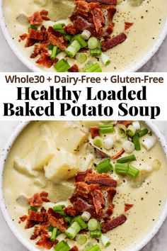 two bowls filled with loaded baked potato soup