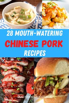 different types of chinese pork dishes with the words 28 mouthwatering chinese pork recipes