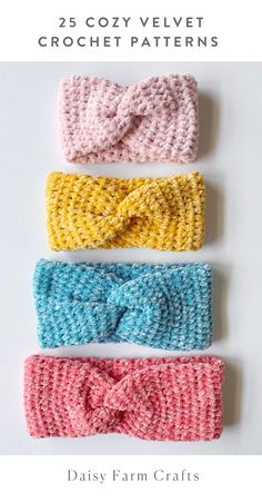 three crocheted headbands with the text, 25 cozy velvet crochet patterns