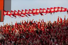 a large group of people waving red flags