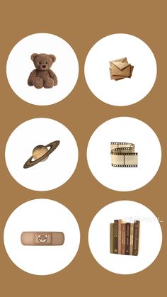 four different objects are arranged in circles on a brown background, including books and a teddy bear