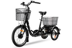 an electric bicycle with two baskets on the front and back wheel, is shown against a white background