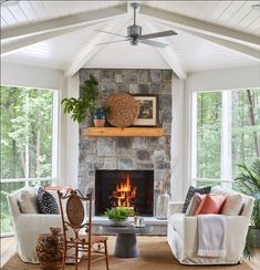 a living room filled with furniture and a fire place in the middle of a room