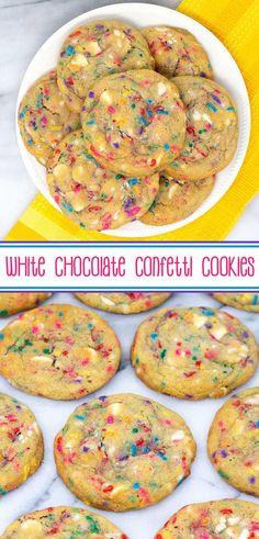 white chocolate confetti cookies with sprinkles in a bowl and on a plate