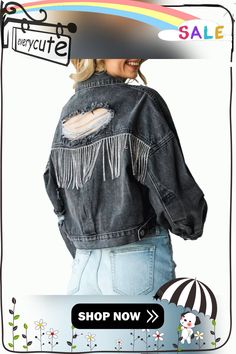 Back Rhinestones Fringed Denim Jacket In Black Fall Denim Jacket With Rhinestones, Casual Rhinestone Denim Jacket For Fall, Casual Fall Denim Jacket With Rhinestones, Casual Denim Jacket With Rhinestone Fringe, Denim Outerwear With Rhinestone Fringe For Fall, Fall Denim Outerwear With Rhinestone Fringe, Casual Denim Jacket With Rhinestone Fringe For Fall, Casual Long Sleeve Denim Jacket With Rhinestone Fringe, Trendy Spring Denim Jacket With Rhinestone Fringe