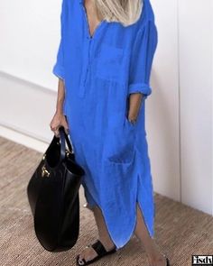 Fisdy - Sofisticado vestido con aberturas de color sólido - Vestido camisero largo contemporáneo y estilizado Irregular Skirt, Dress Stylish, Contemporary Dresses, Maxi Shirts, Maxi Shirt Dress, Home Dress, Mid Length Skirts, Long Shirt Dress, Skirt Skirt