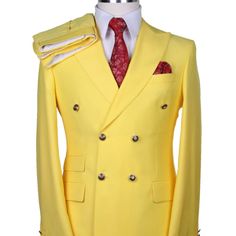 This Modern Fit Suit Comes In A Double Breasted Style, It Features 6 Gold Buttons To Close, Wool Fabric, Modern Fit Flat Front Pants, Side Vents, And A Wide Peak Lapel. Mens Double Breasted Suit, Modern Fit Suit, 1980s Style, Yellow Suit, Flat Front Pants, 1980s Fashion, Peak Lapel, Wool Suit, Double Breasted Suit