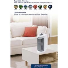 the brochure is showing an air purificater in front of a white couch