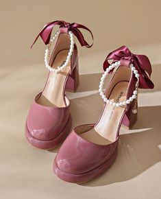 Raining Sound, Coquette Shoes, Weird Shoes, Heels 2023, Mary Jane High Heels, Spring Flats, Fairy Style, Pearl Bow