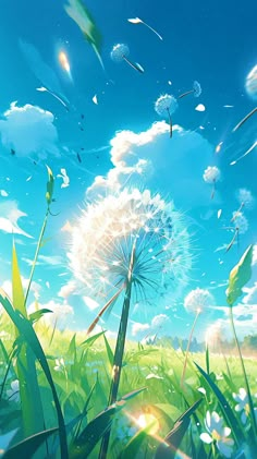 the dandelion is blowing in the wind with blue sky and clouds above it