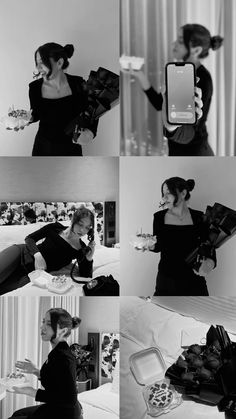 black and white photos of woman in various poses with cell phone, camera, purse