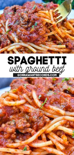 spaghetti with ground beef and marinara sauce in a white bowl