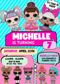 a flyer for the littlest girls'birthday party with three dolls and two names on it