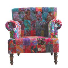 Kantha embroidered Patchwork Fabric Armchair - Bombay Mercantile Quilt Sofa, Eclectic Chairs, Drum Room, Traditional Patchwork, Outdoor Cabinet, Quilted Sofa, Office Nook