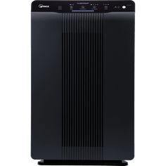 a black air purifier sitting on top of a white background