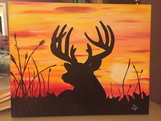 a painting of a deer with the sun setting in the background and grass silhouetted against it