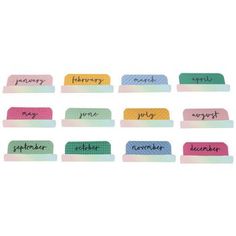 a set of six colorful name labels with the names of each month