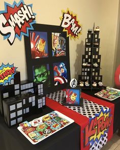 the table is decorated with comic themed items