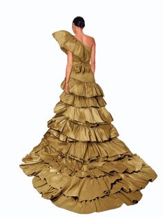 Iryna Mologoko Couture EXCLUSIVE limited edition. If you choose a MADE-TO-MEASURE Option, make sure to provide required measurements in "Body Measurements" window. Neon yellow color is pictured. Artsy, voluminous, lots of texture and beautiful structured ruffles, high-low skirt. Great for photoshoots, as a rental, red carpet events, stage/[performance outfit. As a unique wedding dress in WHITE. Great for red carpet events, high fashion photoshoots, beauty pageants or as as a stage performance lo Gold Floor-length Dress With Ruffles, Gold Ruffled Dress For Evening, Gold Silk Evening Gown, Ruffles Gown, High Skirt, Date Night Fashion, Gown Gold, Ruffle Gown, Dresses Date Night