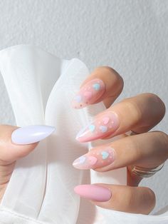 Color: Multicolor Nail Shapes: Almond Type: Color Nails Pattern Type: Heart Batteries Included: No Press On Nails Material: ABS Gender Nails, Cute Heart Nails, Gender Reveal Nails, Nail Appointment, Long Almond, Easter Nail Designs, Color Nails, Easter Nails, Prom Nails