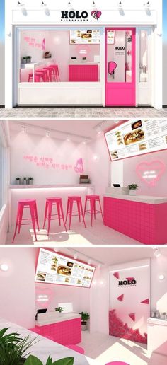 the interior of a pink and white store