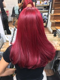 Bright Red Hair Medium Length, Light Cherry Red Hair Color, Red Hair And Red Dress, Black To Cherry Red Hair, Bright Cherry Red Hair, Pinky Red Hair, Red Medium Length Hair, Red Hair Color Bright, Berry Red Hair