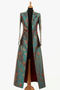 Women's Long Silk Coat Turquoise Orange Brown - Etsy Elegant Green Silk Outerwear, Embroidered Silk Outerwear For Wedding, Fall Wedding Silk Outerwear, Fitted Silk Outerwear For Wedding, Festive Long Fitted Outerwear, Fitted Silk Long Coat, Long Silk Fitted Outerwear, Fitted Long Silk Outerwear, Traditional Fitted Evening Outerwear