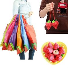 there is a woman holding bags and strawberries