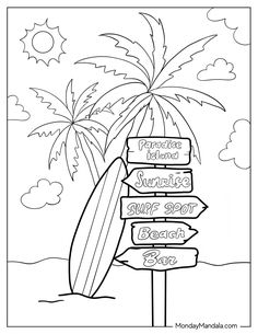 a coloring page with a surfboard and palm tree