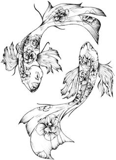 a drawing of a koi fish with flowers on it's tail