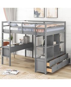 a loft bed with drawers underneath it and a desk under the bed in front of it