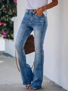 Ladies' Pocket Ripped Flared Casual Denim Jeans Dark Wash    Denim Plain Flare Leg Medium Stretch  Women Clothing, size features are:Bust: ,Length: ,Sleeve Length: Lounge Trousers, Vintage Street Style, Womens Flare Jeans, Comfortable Lounge, Denim Flare Jeans, Comfortable Pants, Slim Denim, Long Jeans, Maxi Robes