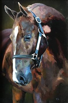 a painting of a brown horse wearing a bridle