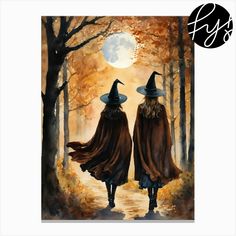 two witches walking in the woods at night