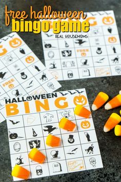 free halloween printable game for kids to play on the table with candy corn and jack - o'- lanterns