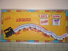 a bulletin board with the words aboard and the character train written in red on it