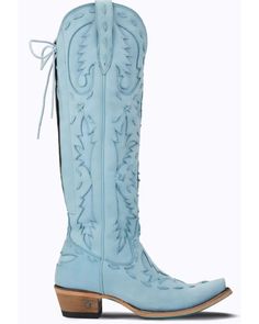 Leather upper. Snip toe. 17.5" shaft height. Western heel. Solid blue design with inlay accents throughout. Single-stitched welt. Blue Boots For Wedding, Blue Western Boots, Blue Cowboy Boots Outfit, Concrete Cowgirl, Cowgirl Fits, Tall Western Boots, Womens Ariat Boots, Womens Cowboy Boots, Blue Cowboy Boots